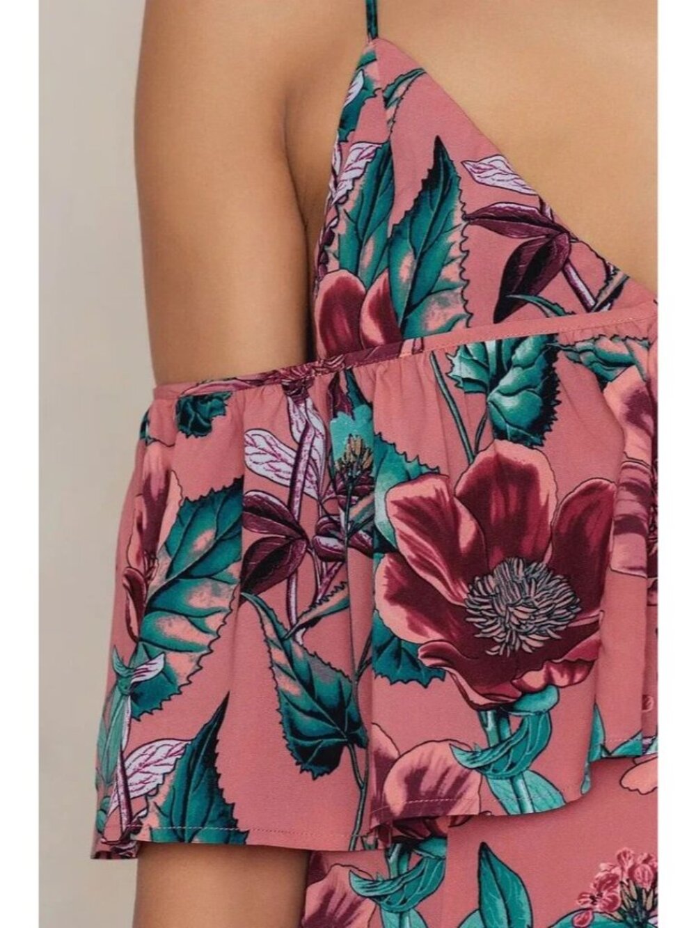 For Love & Lemons Flamenco Midi Dress L Pink Floral Silk Blend High Slit Ruffle - Picture 2 of 12